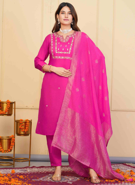 Salwar Suit Embroidered Pink Chanderi T5130