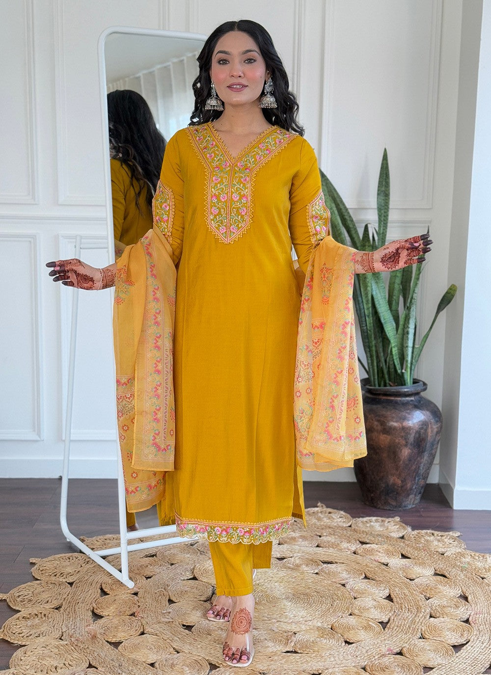 Embroidered Viscose Mustard Salwar Suit T6047
