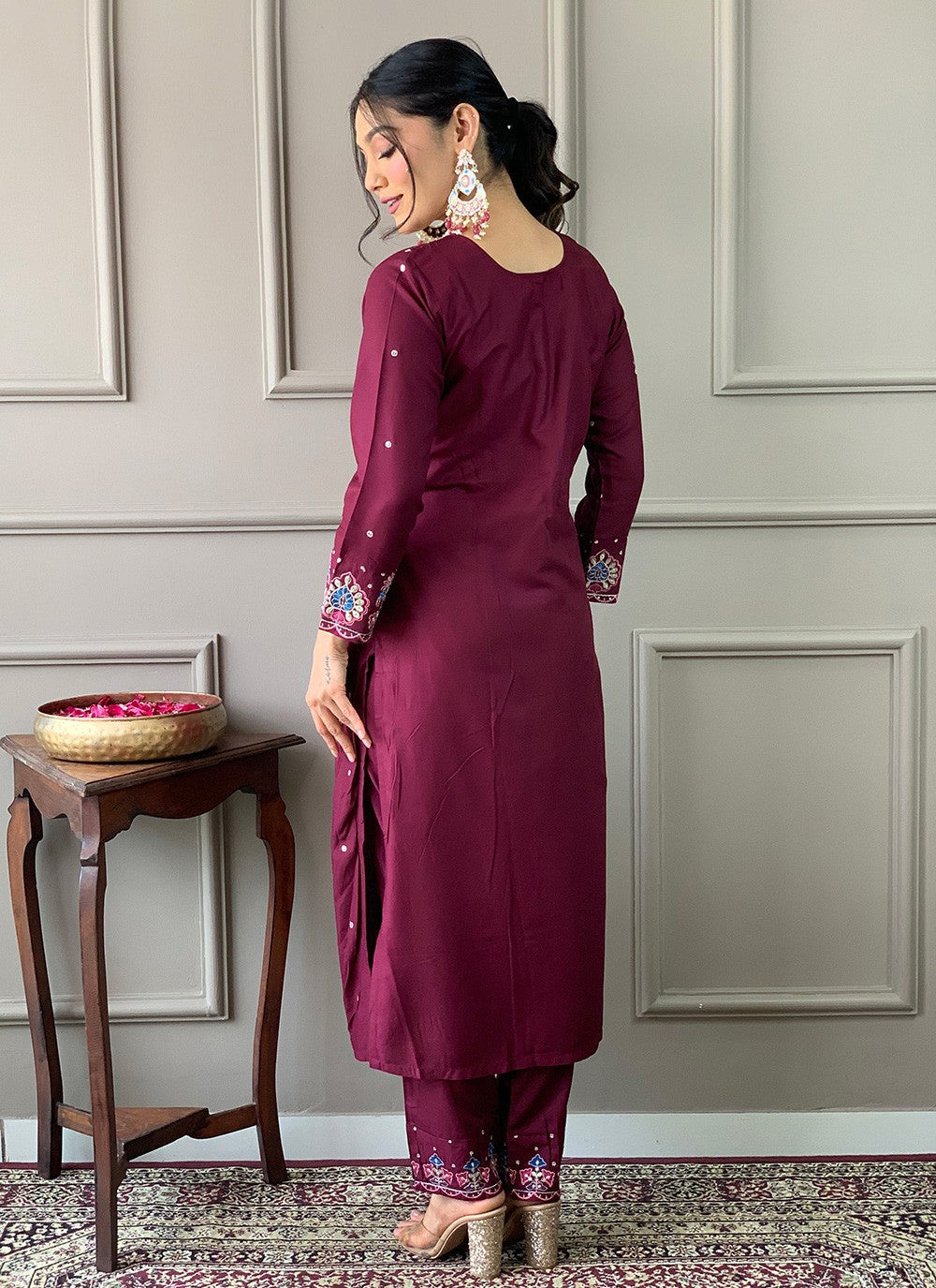 Embroidered Chanderi Wine Salwar Suit T6100