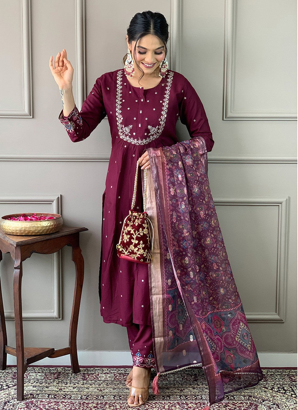Embroidered Chanderi Wine Salwar Suit T6100