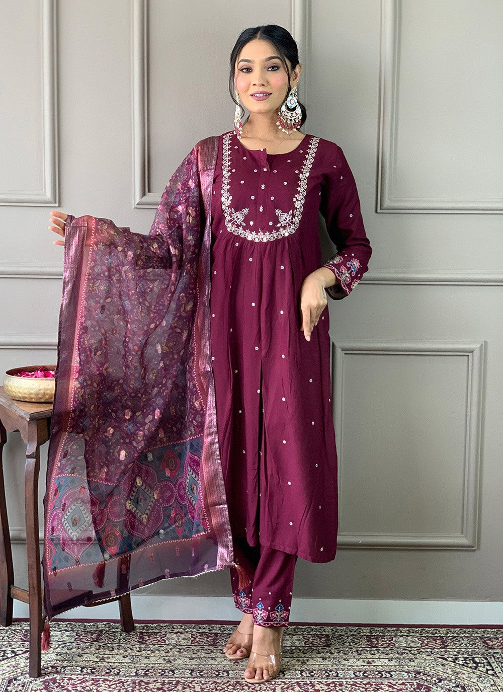 Embroidered Chanderi Wine Salwar Suit T6100