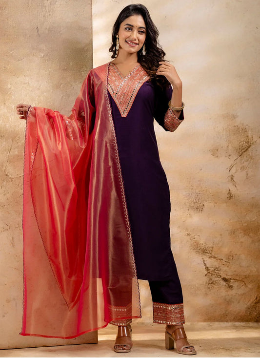 Embroidered Rayon Purple Salwar Suit T6007