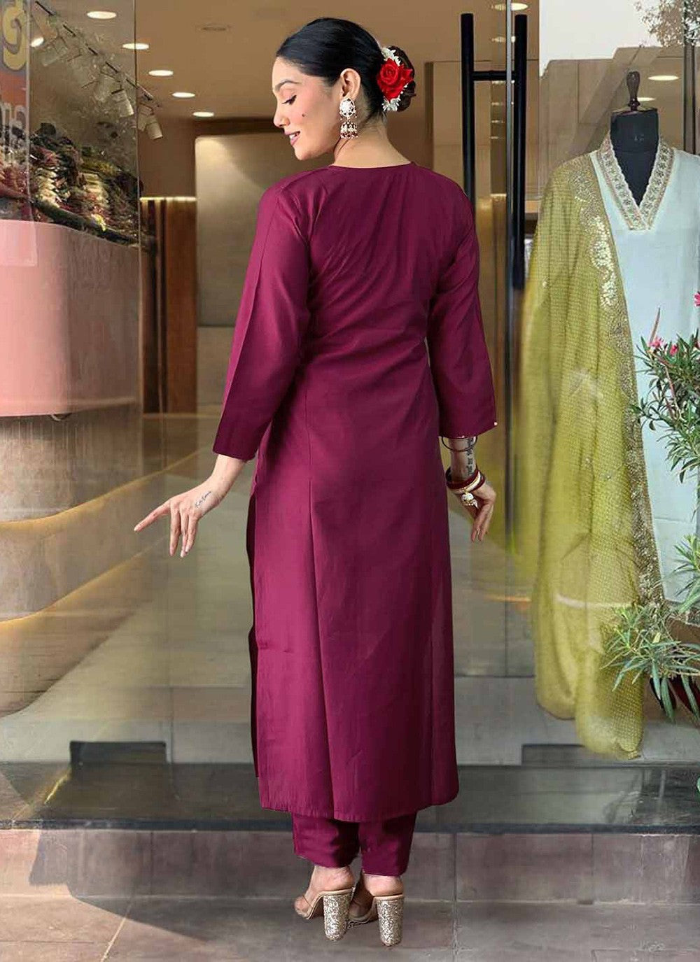 Embroidered Chinon Purple Pant Style Suit T6404