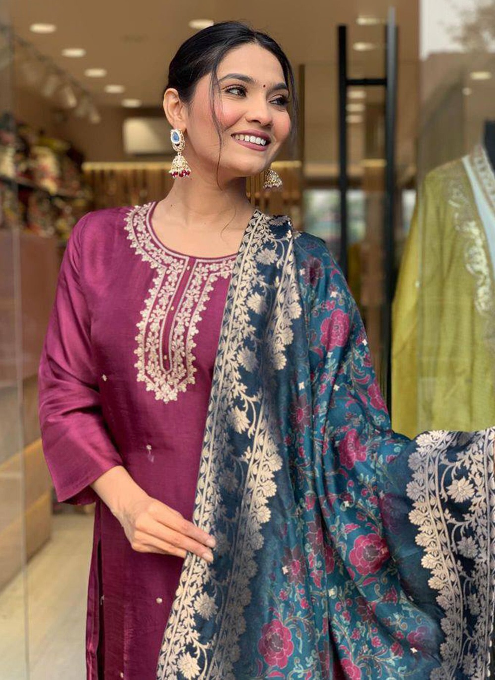 Embroidered Chinon Purple Pant Style Suit T6404