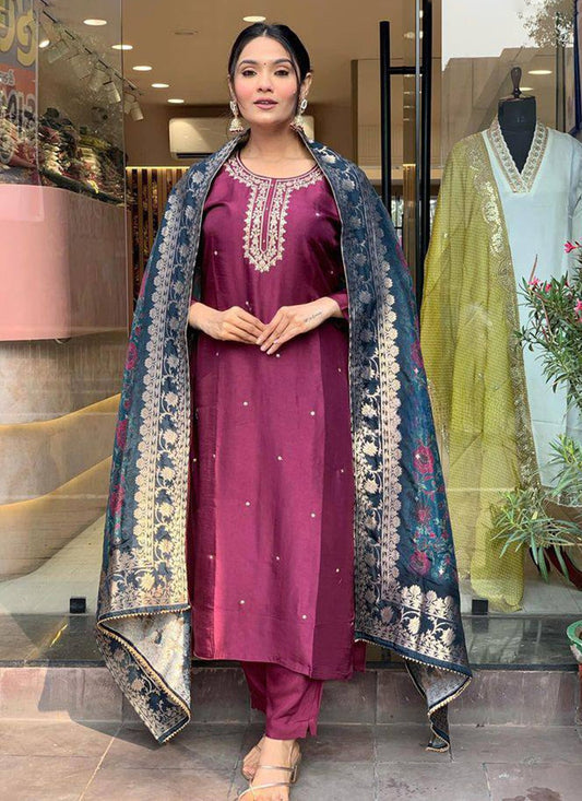 Embroidered Chinon Purple Pant Style Suit T6404