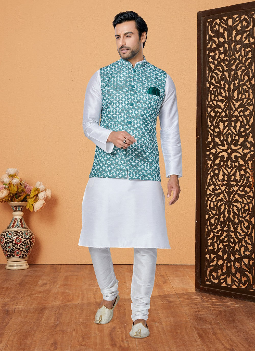 Resham Thread Work Dupion Silk, Viscose Green, White Kurta Payjama With Jacket - M5480