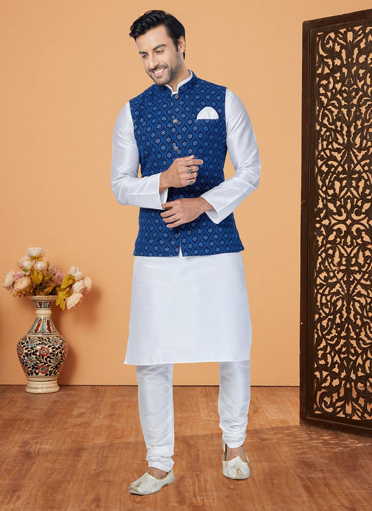 Resham Thread Work Dupion Silk, Viscose Navy Blue, White Kurta Payjama With Jacket - M5479