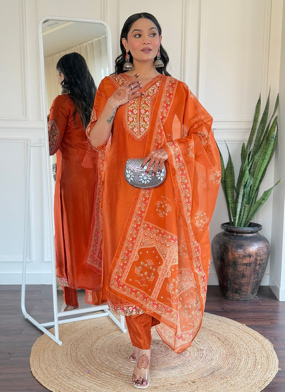 Embroidered Viscose Orange Salwar Suit T6045