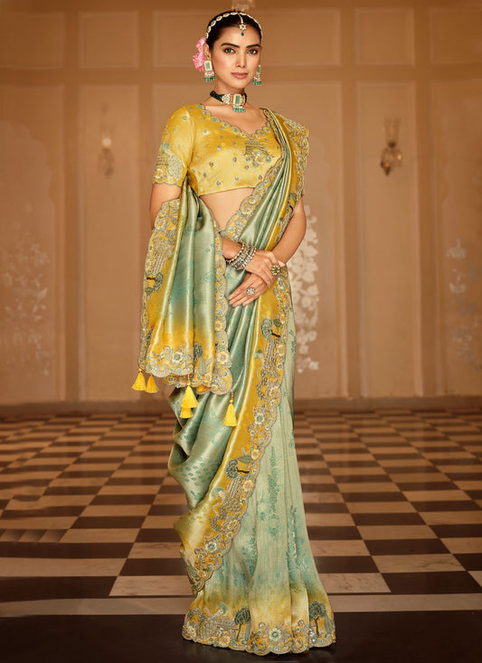 Sea Green Jacquard Silk Traditional Saree Embroidered S19733