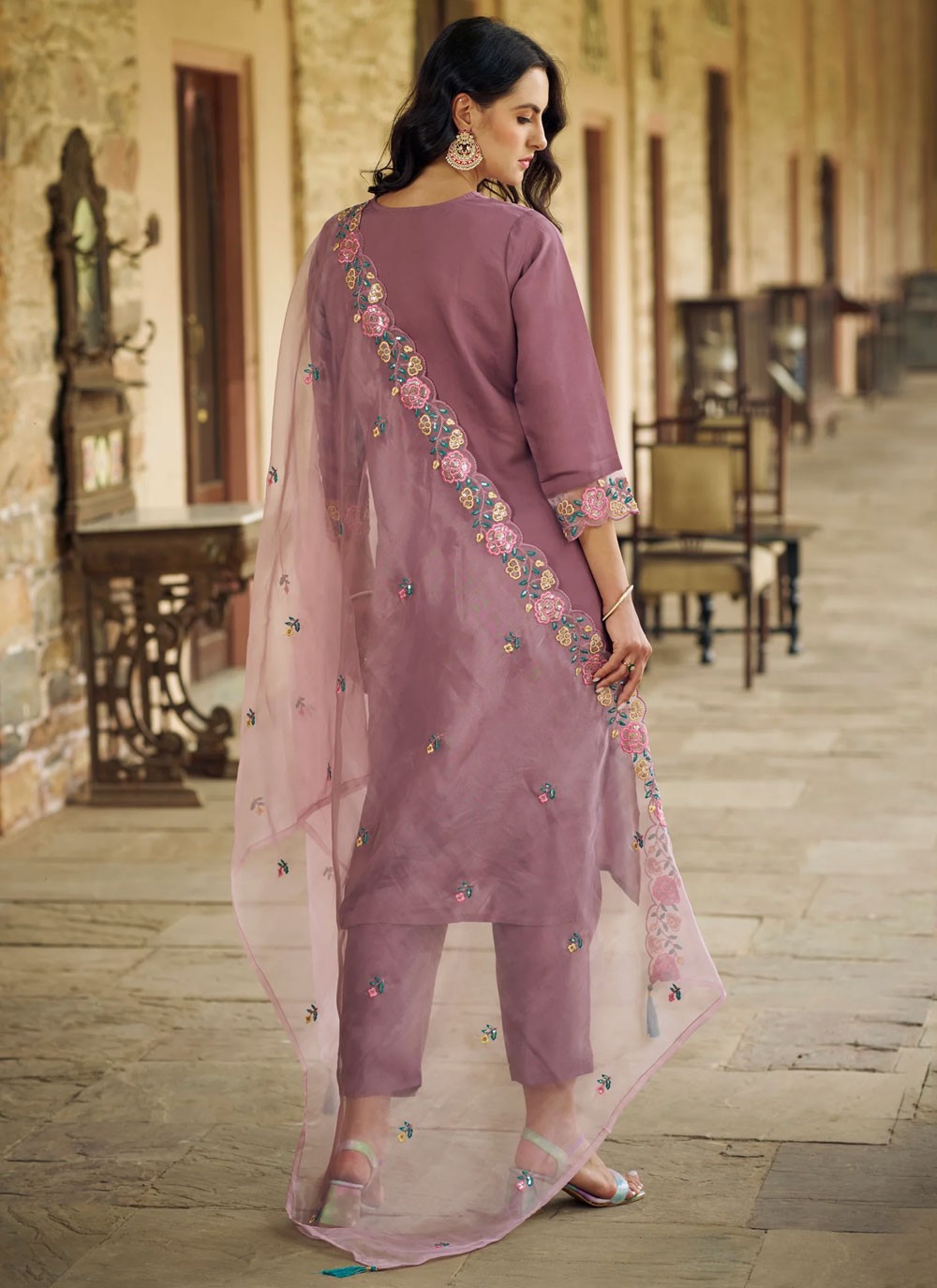 Pant Style Suit Embroidered, Sequins Purple T6906