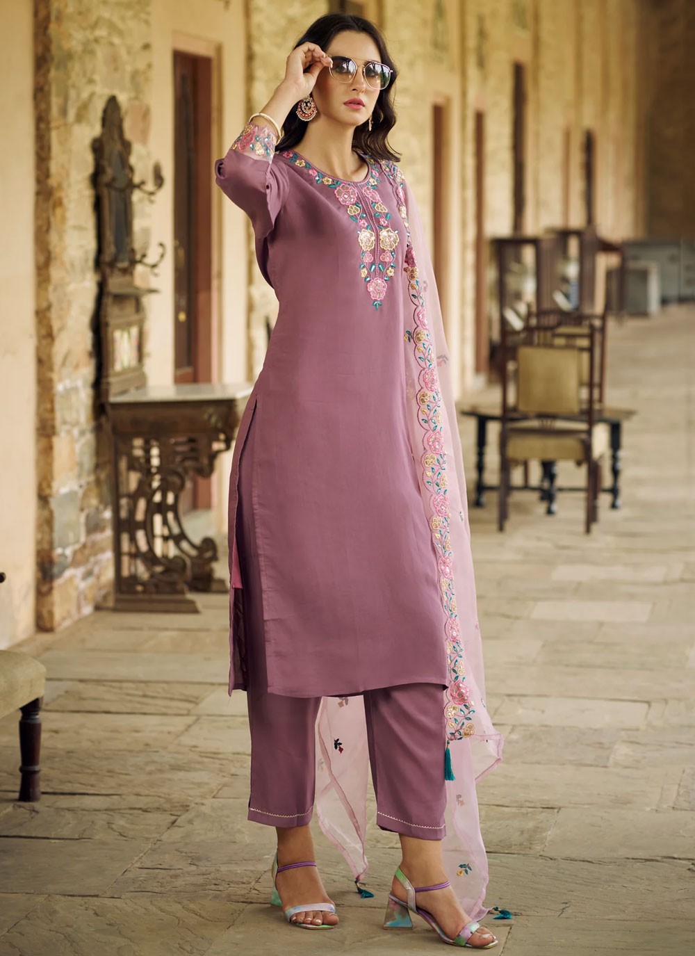 Pant Style Suit Embroidered, Sequins Purple T6906