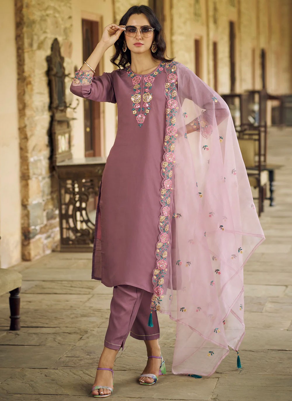 Pant Style Suit Embroidered, Sequins Purple T6906