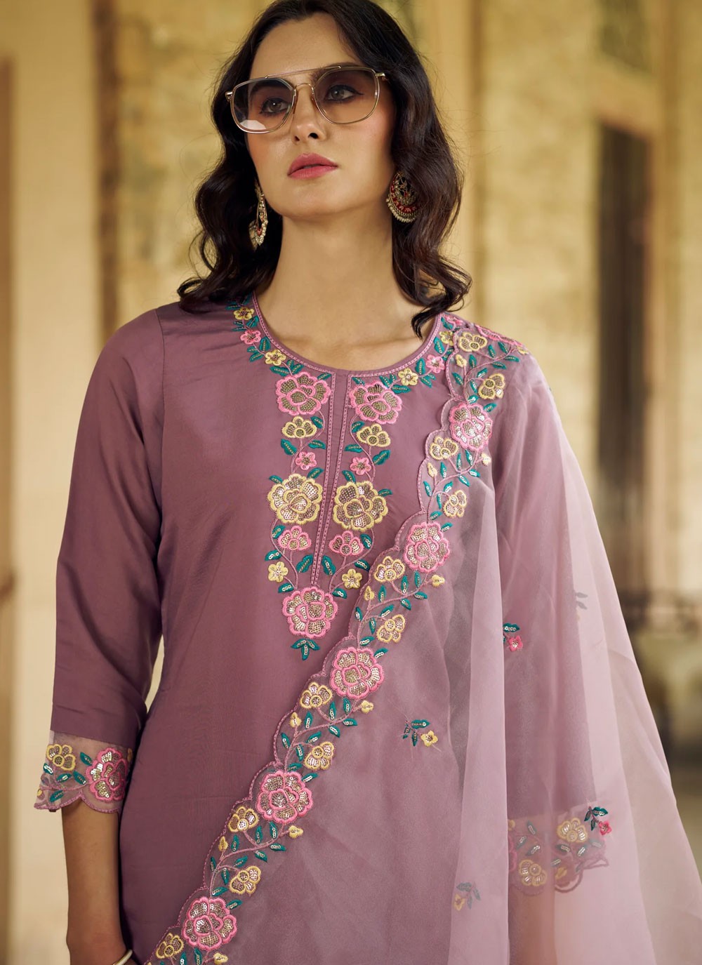 Pant Style Suit Embroidered, Sequins Purple T6906