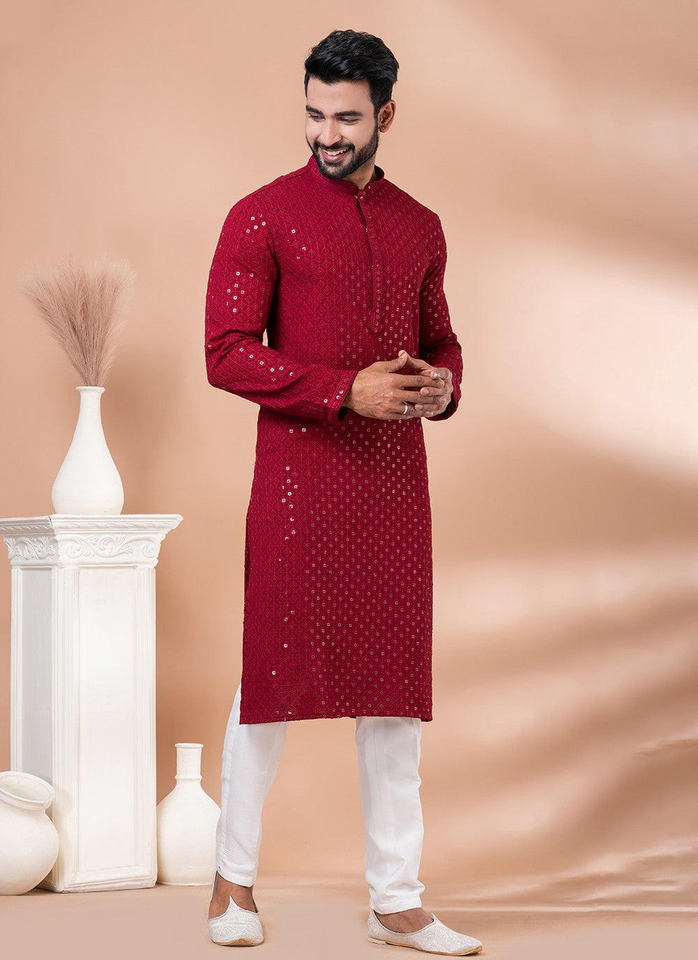 Embroidered Rayon, Viscose Red Kurta Pyjama - M7016