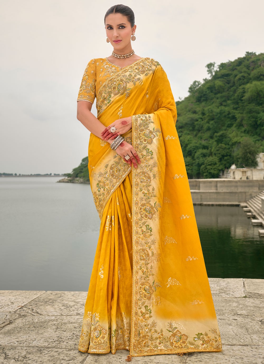 Embroidered Jacquard Yellow Saree S14809