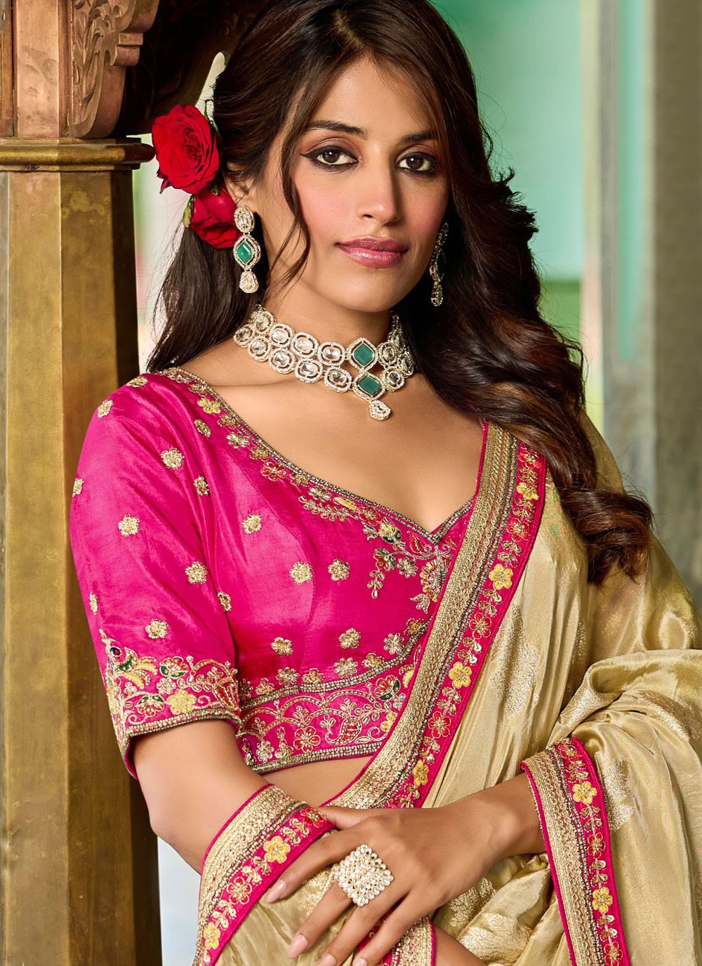 Cream Tissue Trendy Saree Beads, Lace S19798