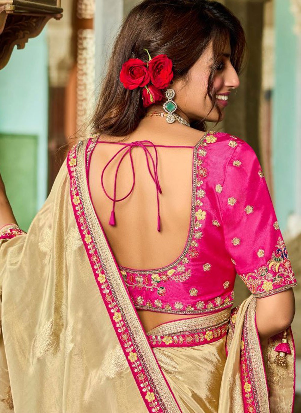 Cream Tissue Trendy Saree Beads, Lace S19798