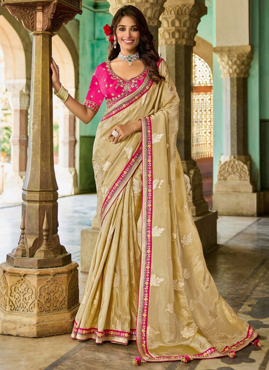 Cream Tissue Trendy Saree Beads, Lace S19798