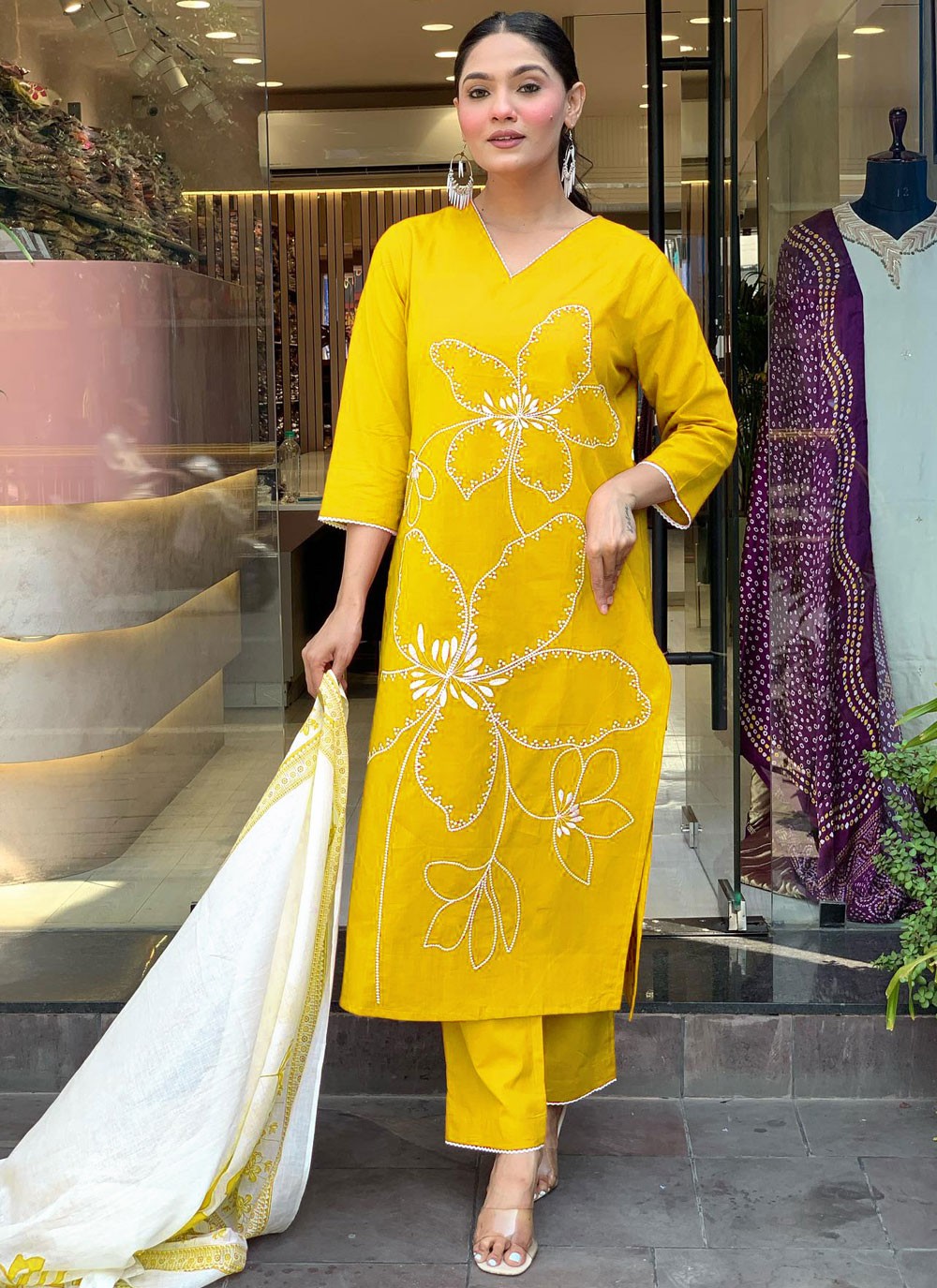 Pant Style Suit Embroidered Yellow T7314