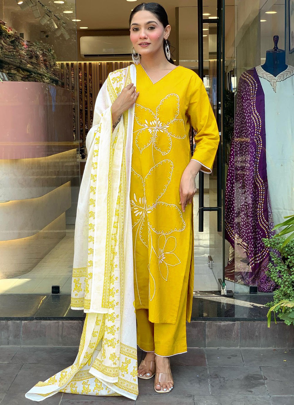 Pant Style Suit Embroidered Yellow T7314