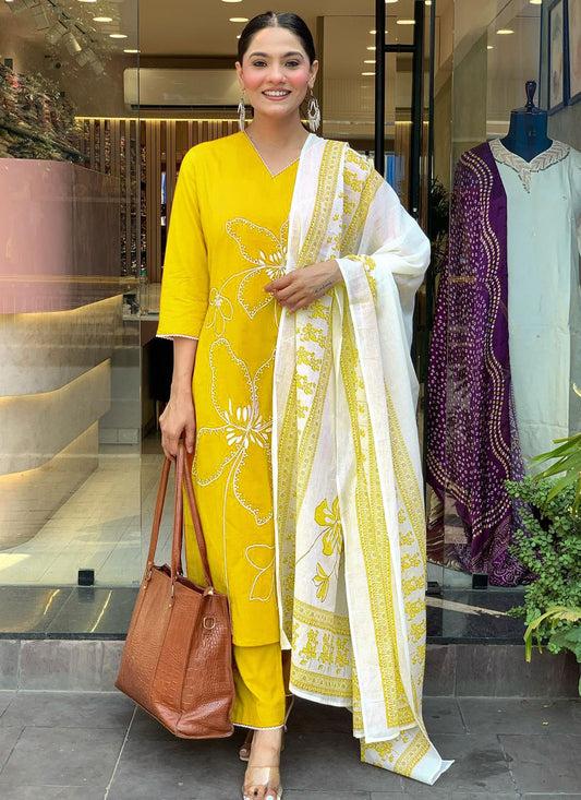 Pant Style Suit Embroidered Yellow T7314