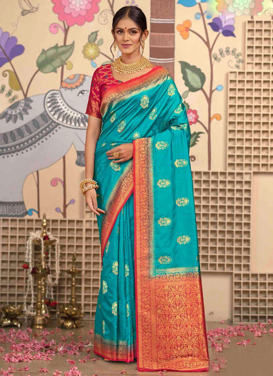 Aqua Blue Silk Contemporary Saree Weaving Zari S20398