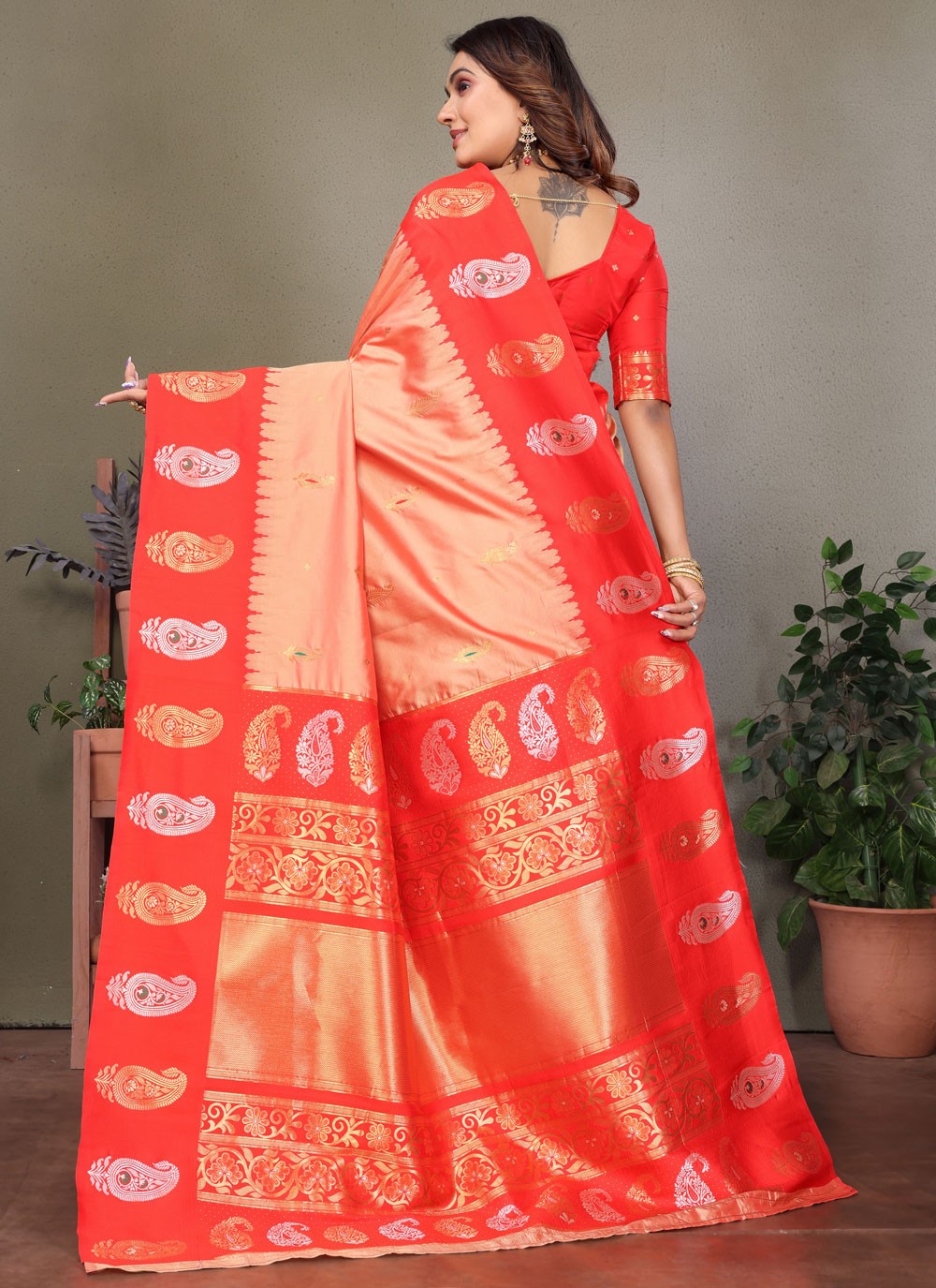 Peach Banarasi Silk Trendy Saree Weaving Zari S17614