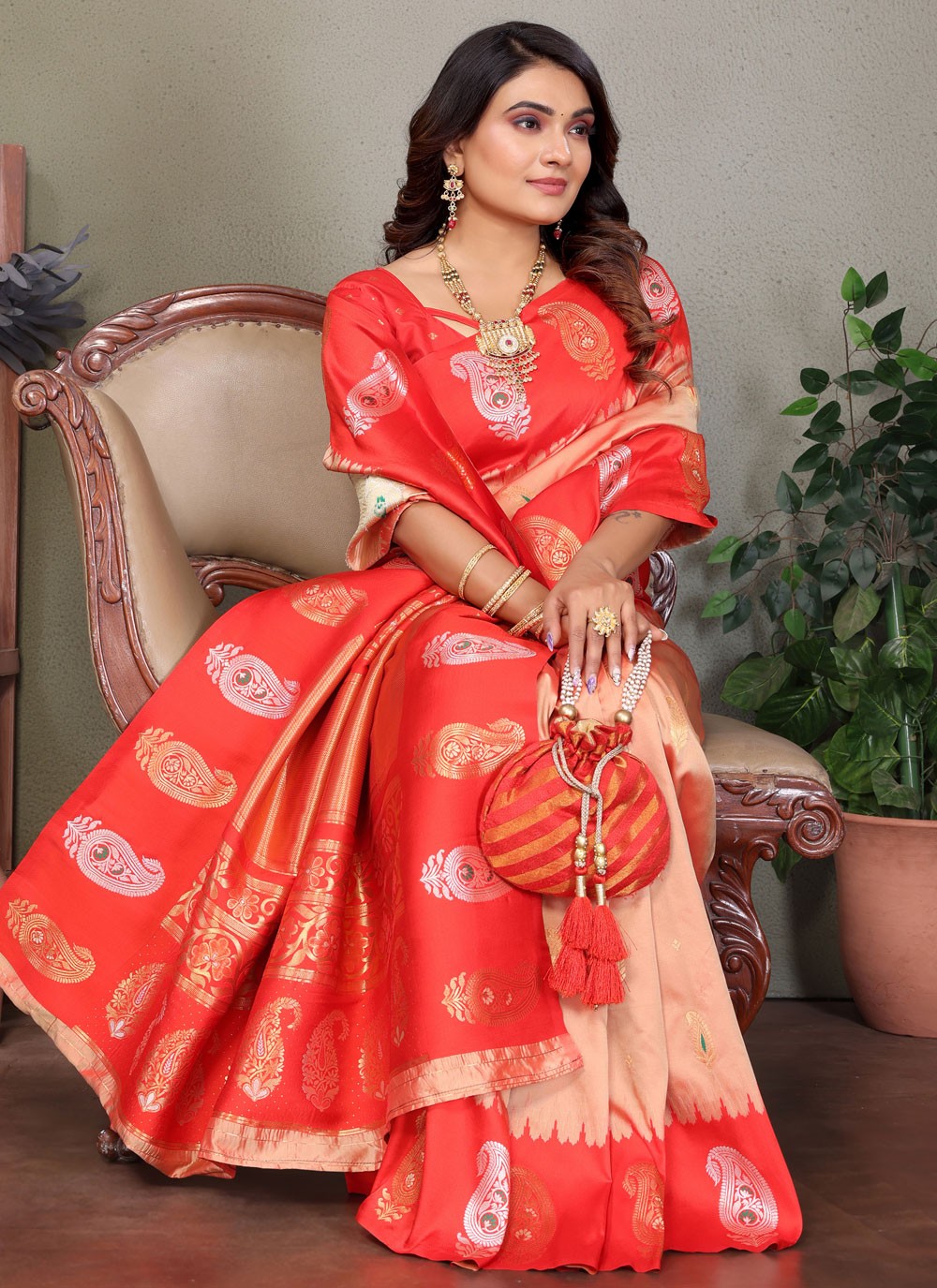 Peach Banarasi Silk Trendy Saree Weaving Zari S17614