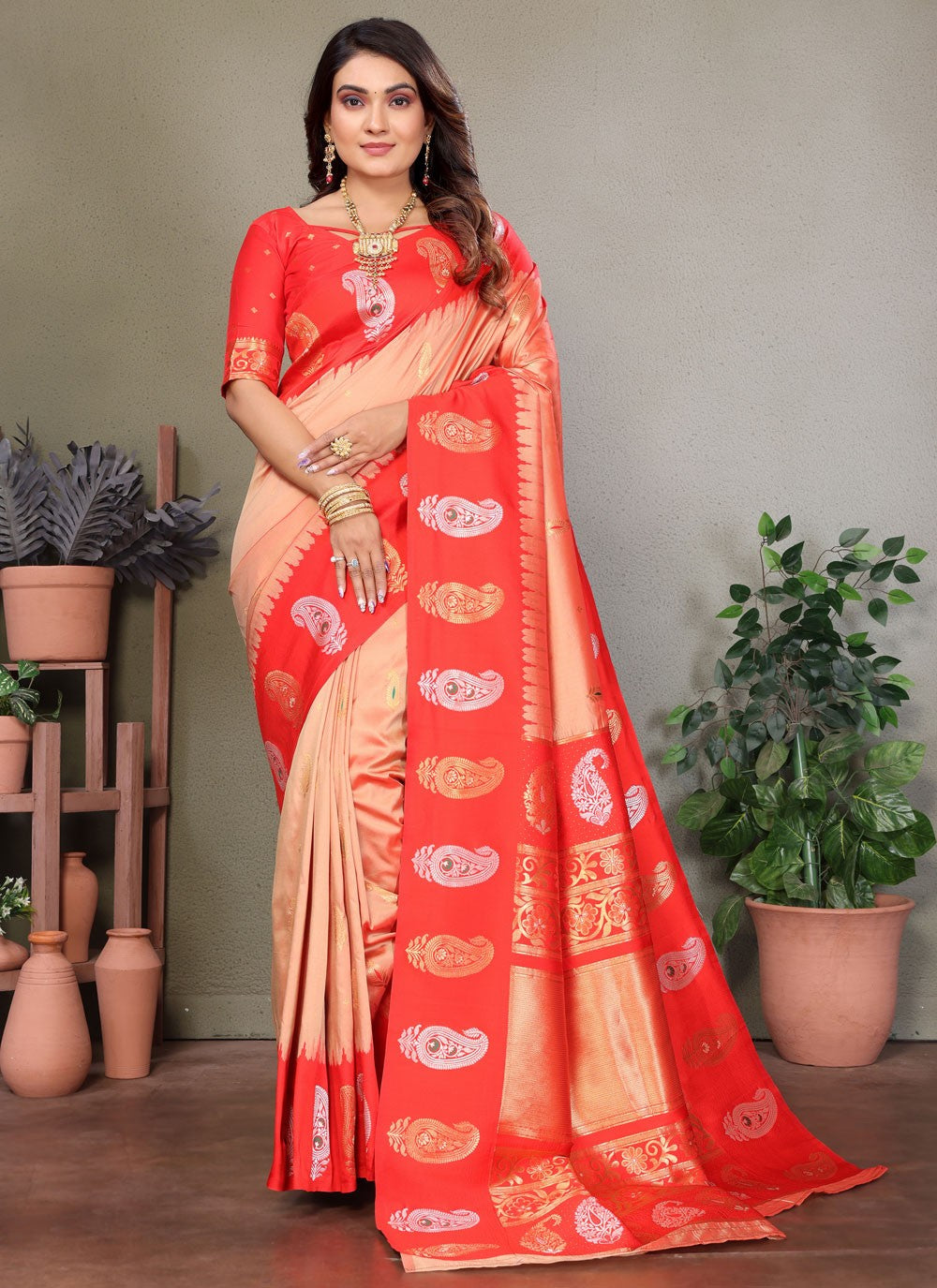 Peach Banarasi Silk Trendy Saree Weaving Zari S17614