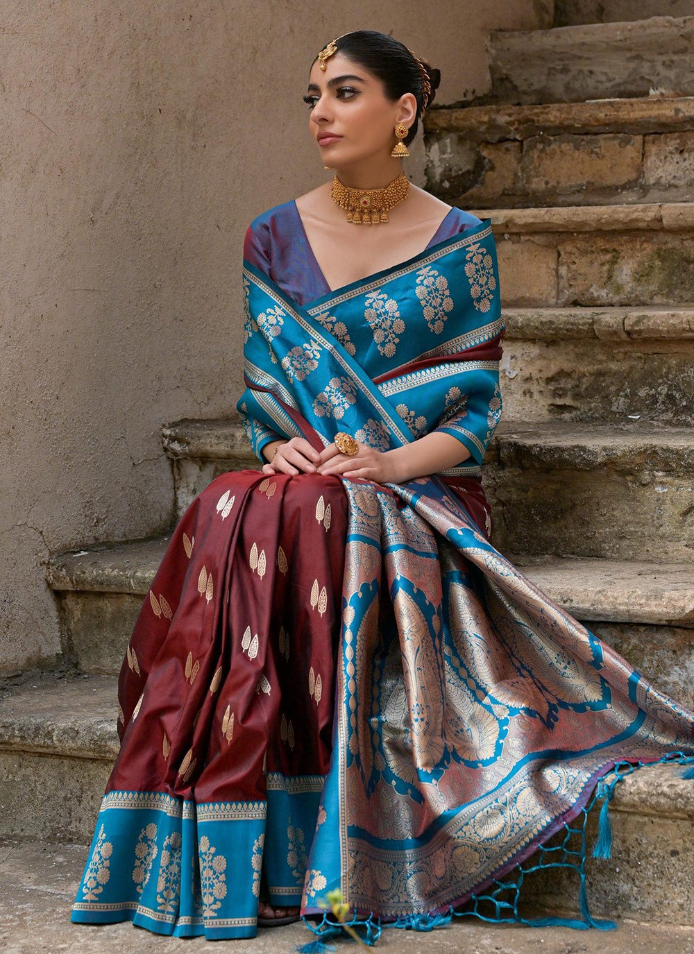 Weaving Zari Banarasi Silk Maroon Saree S14250
