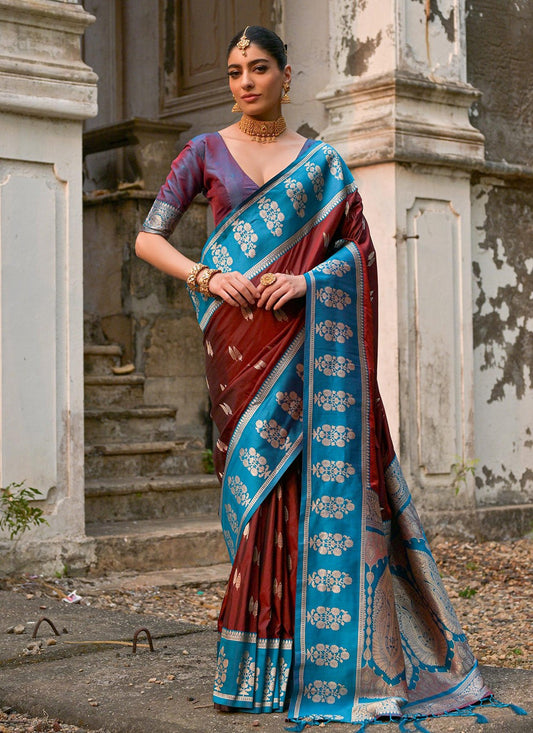 Weaving Zari Banarasi Silk Maroon Saree S14250