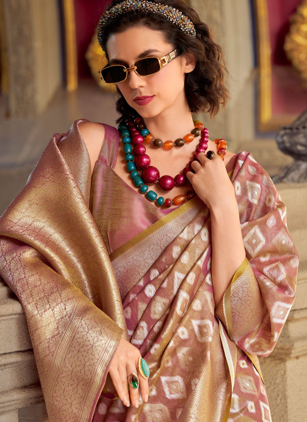 Trendy Saree Weaving Zari Beige, Pink Silk Saree S13606