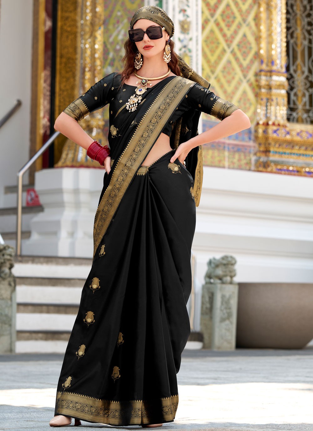 Weaving Zari Satin Silk Black Saree S14435