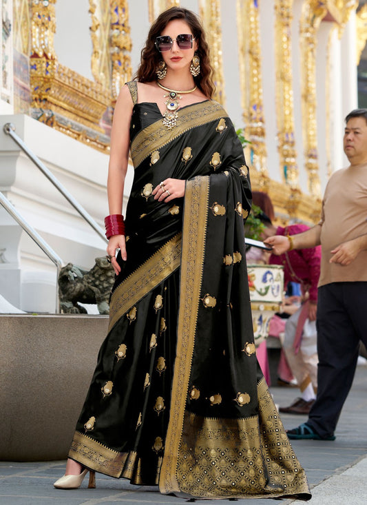 Weaving Zari Satin Silk Black Saree S14435