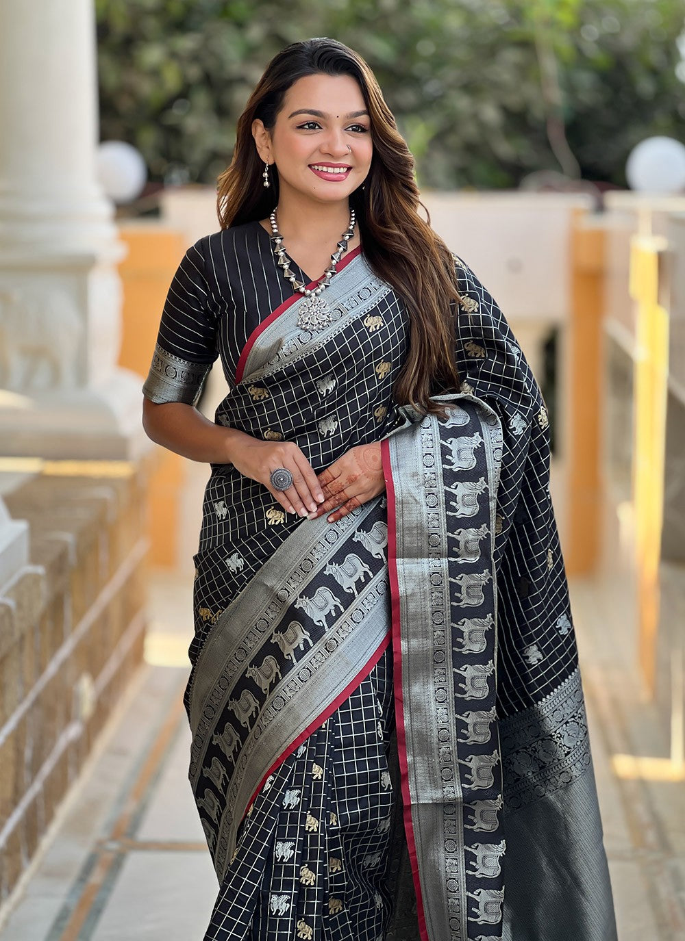 Weaving Zari Silk Black Saree S14342