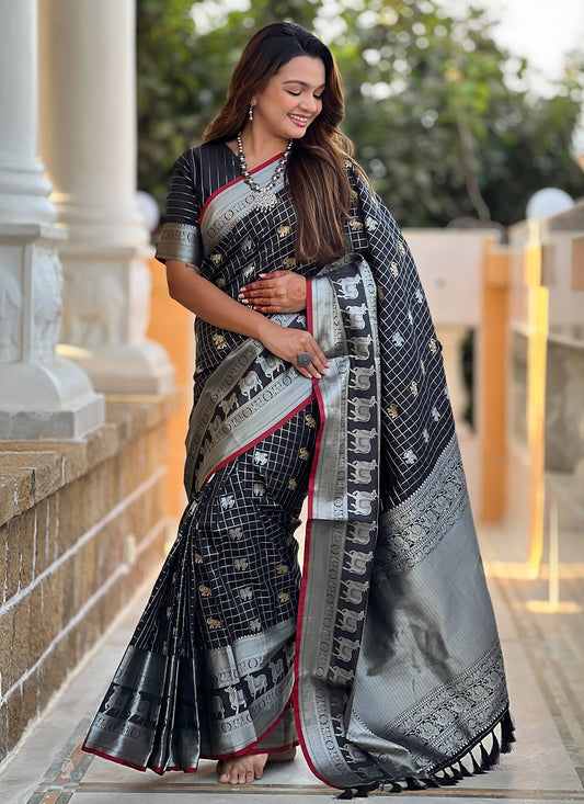 Weaving Zari Silk Black Saree S14342
