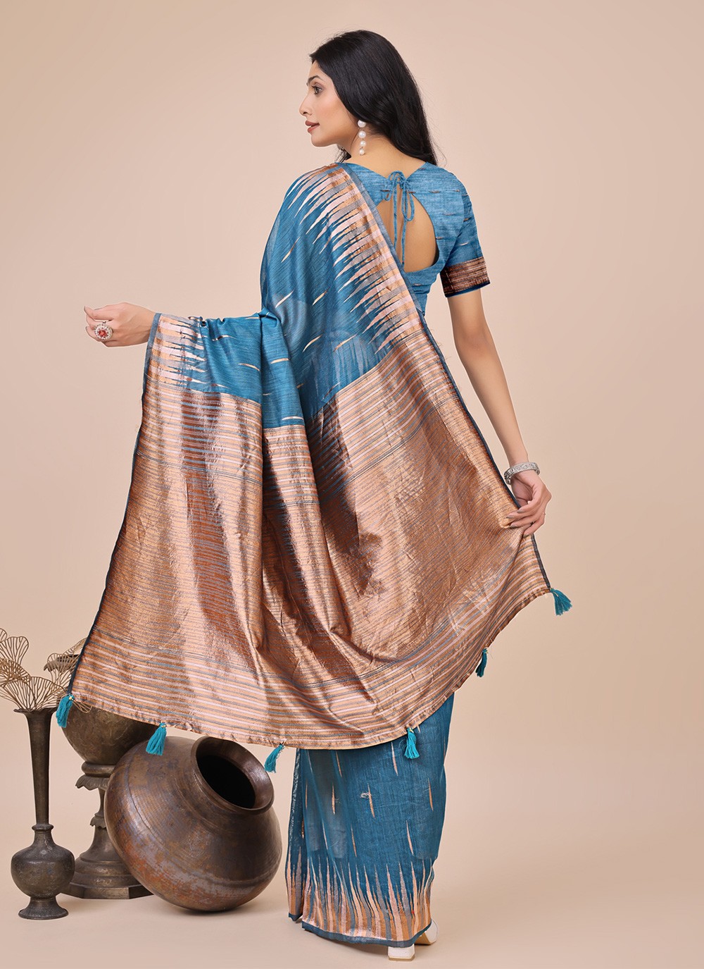 Weaving Zari Cotton Blue Trendy Saree S15135