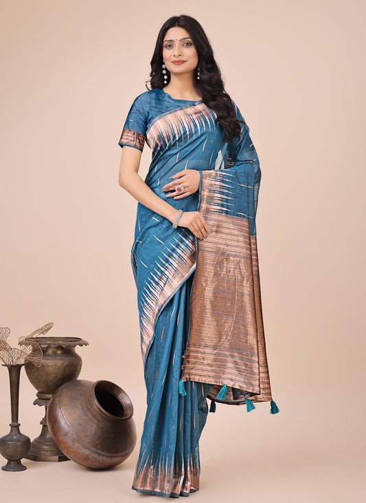 Weaving Zari Cotton Blue Trendy Saree S15135