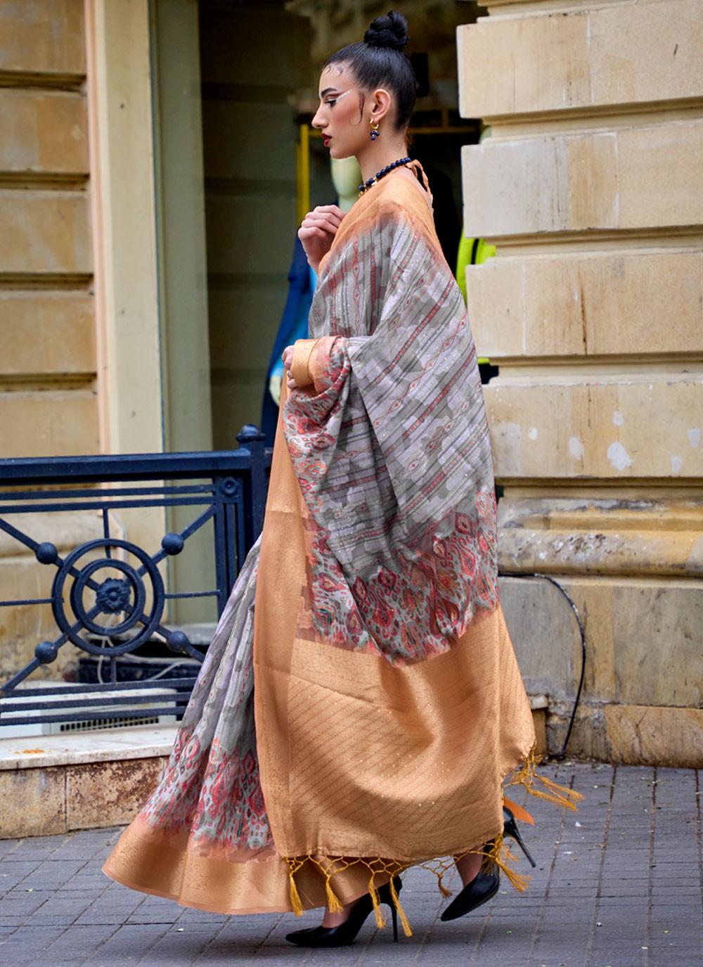 Designer Printed Brasso Saree - S4221