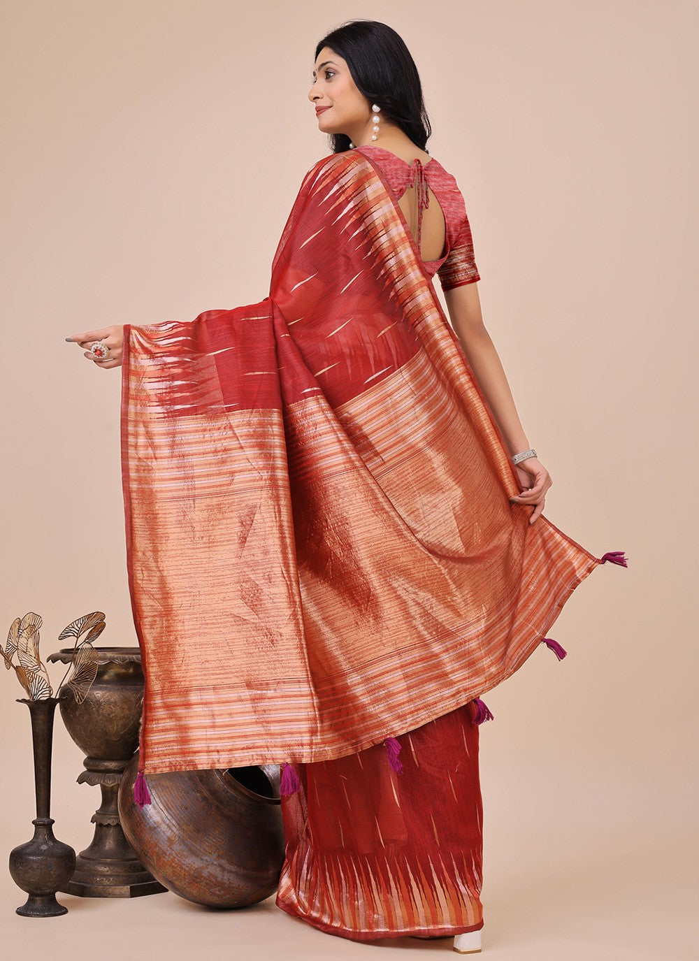 Weaving Zari Cotton Red Contemporary Saree S15138