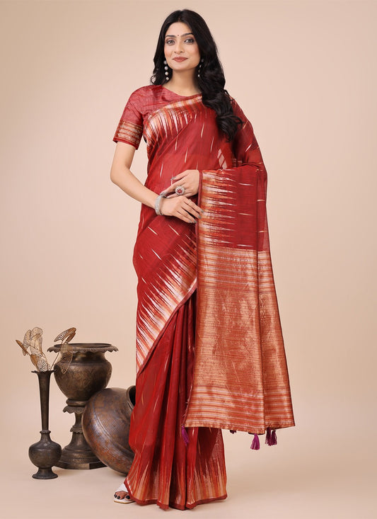 Weaving Zari Cotton Red Contemporary Saree S15138