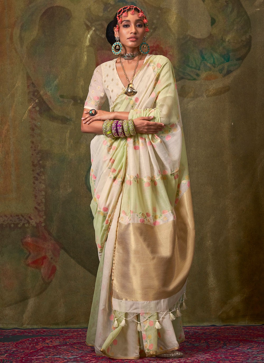 Traditional Weaving Zari Cream, Grey Handloom Cotton Saree S13611