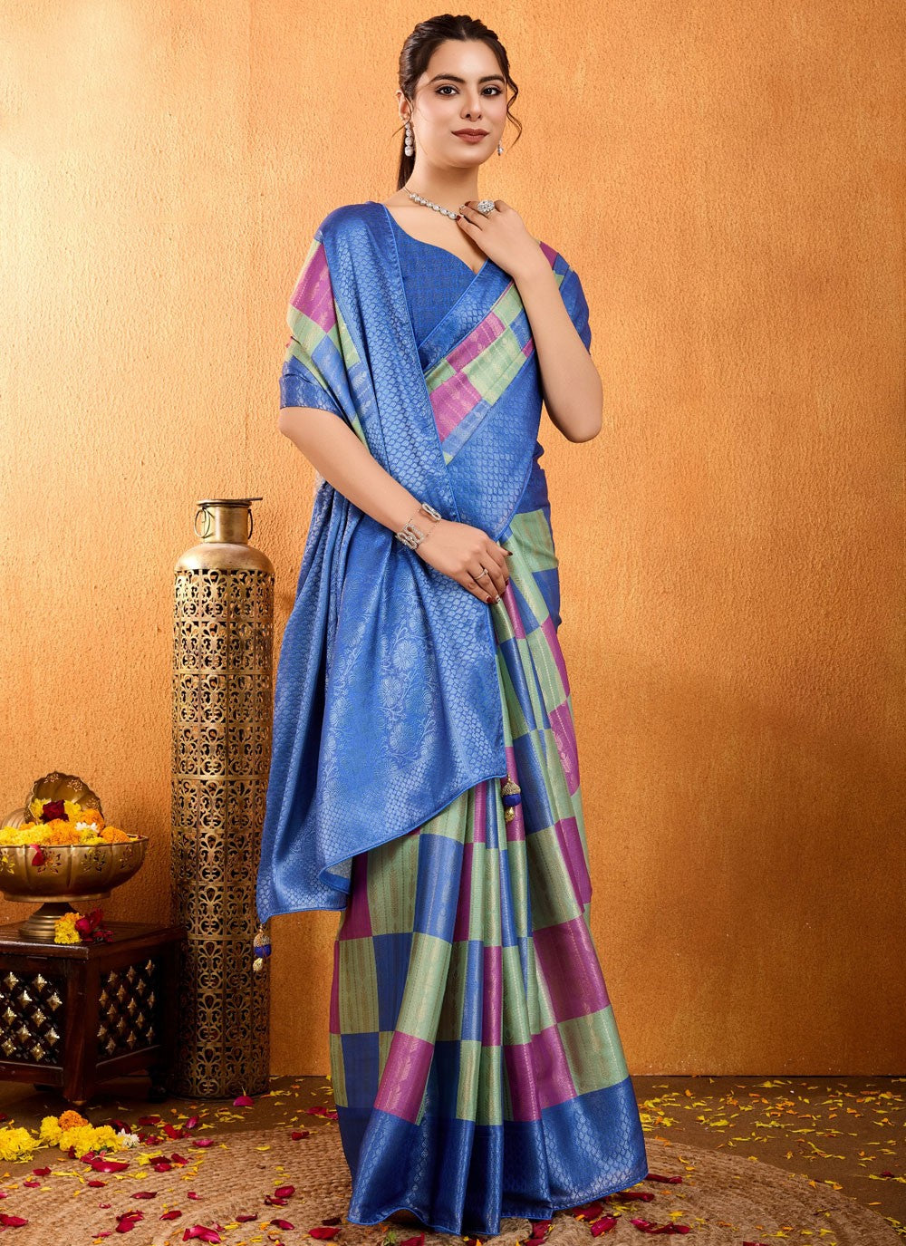 Weaving Zari Brocade Blue Saree S14177