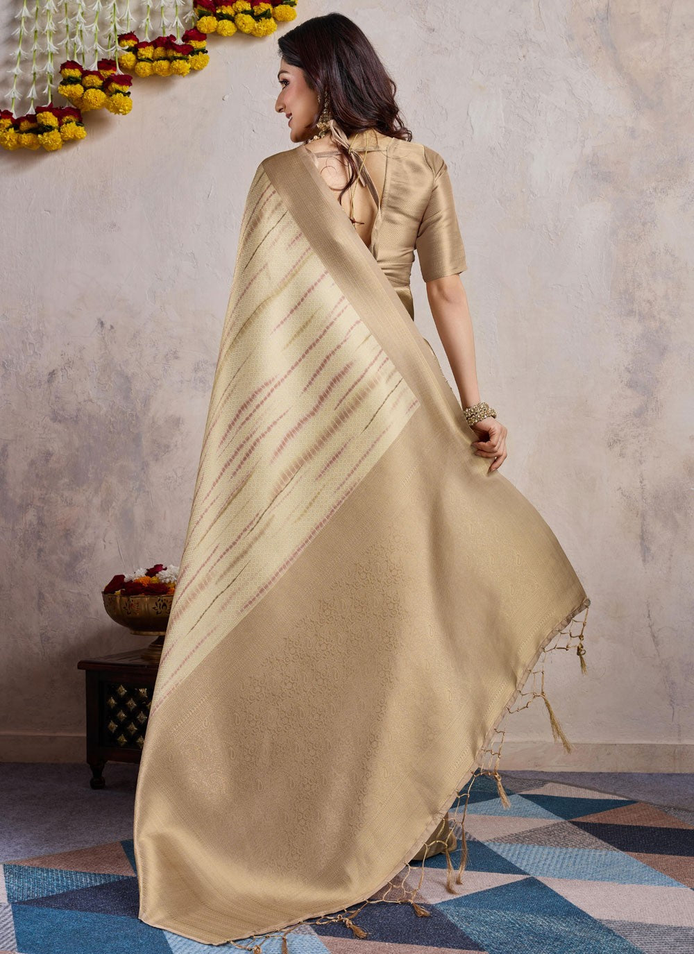 Contemporary Weaving Zari Brown, Cream Banarasi Silk S12817
