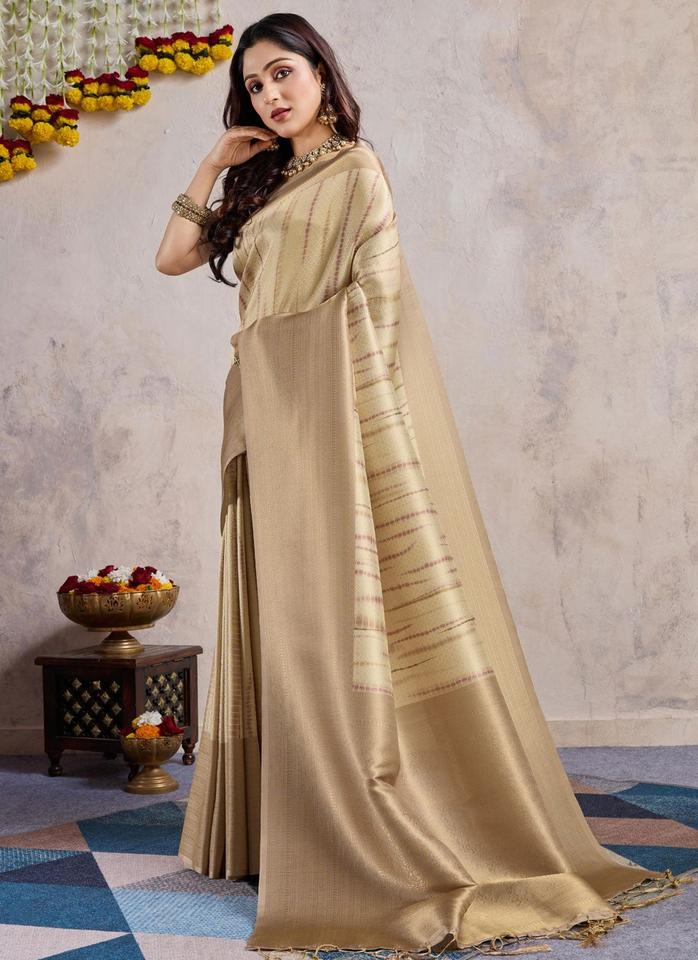 Contemporary Weaving Zari Brown, Cream Banarasi Silk Saree S12817