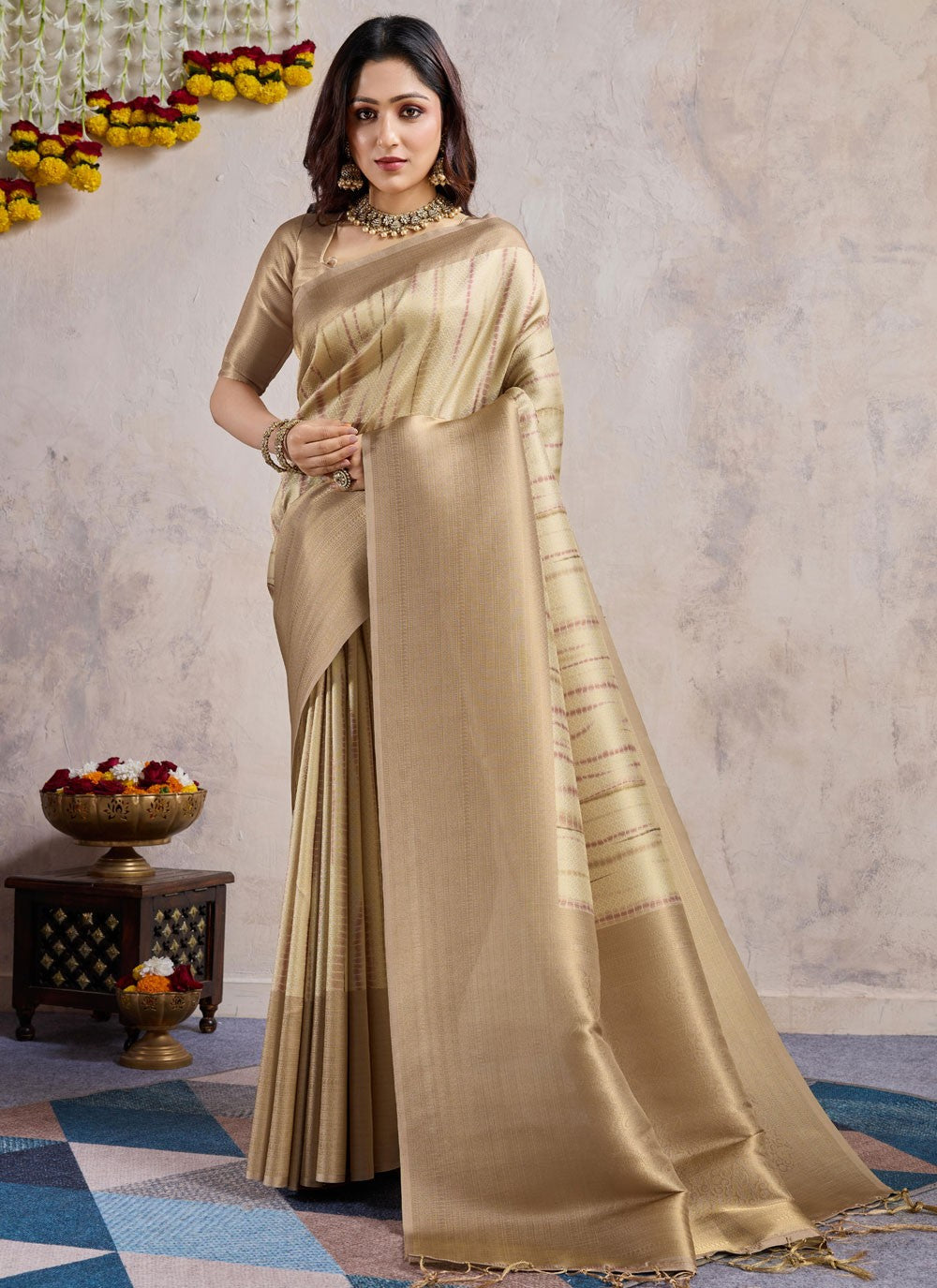Contemporary Weaving Zari Brown, Cream Banarasi Silk Saree S12817