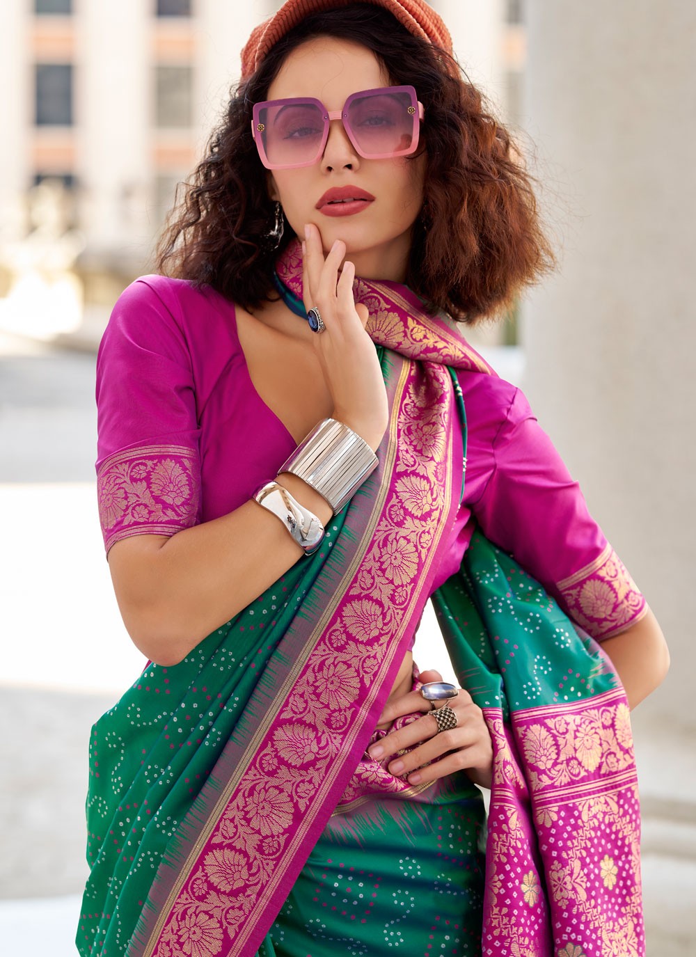 Contemporary Foliage Prints Green Silk Saree S13733