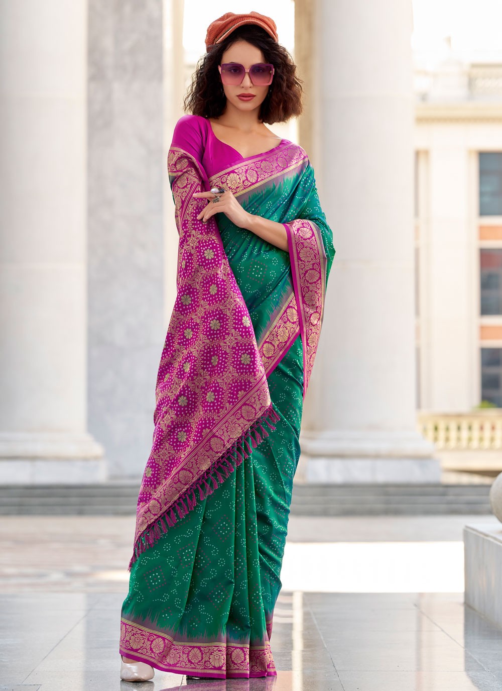 Contemporary Foliage Prints Green Silk Saree S13733