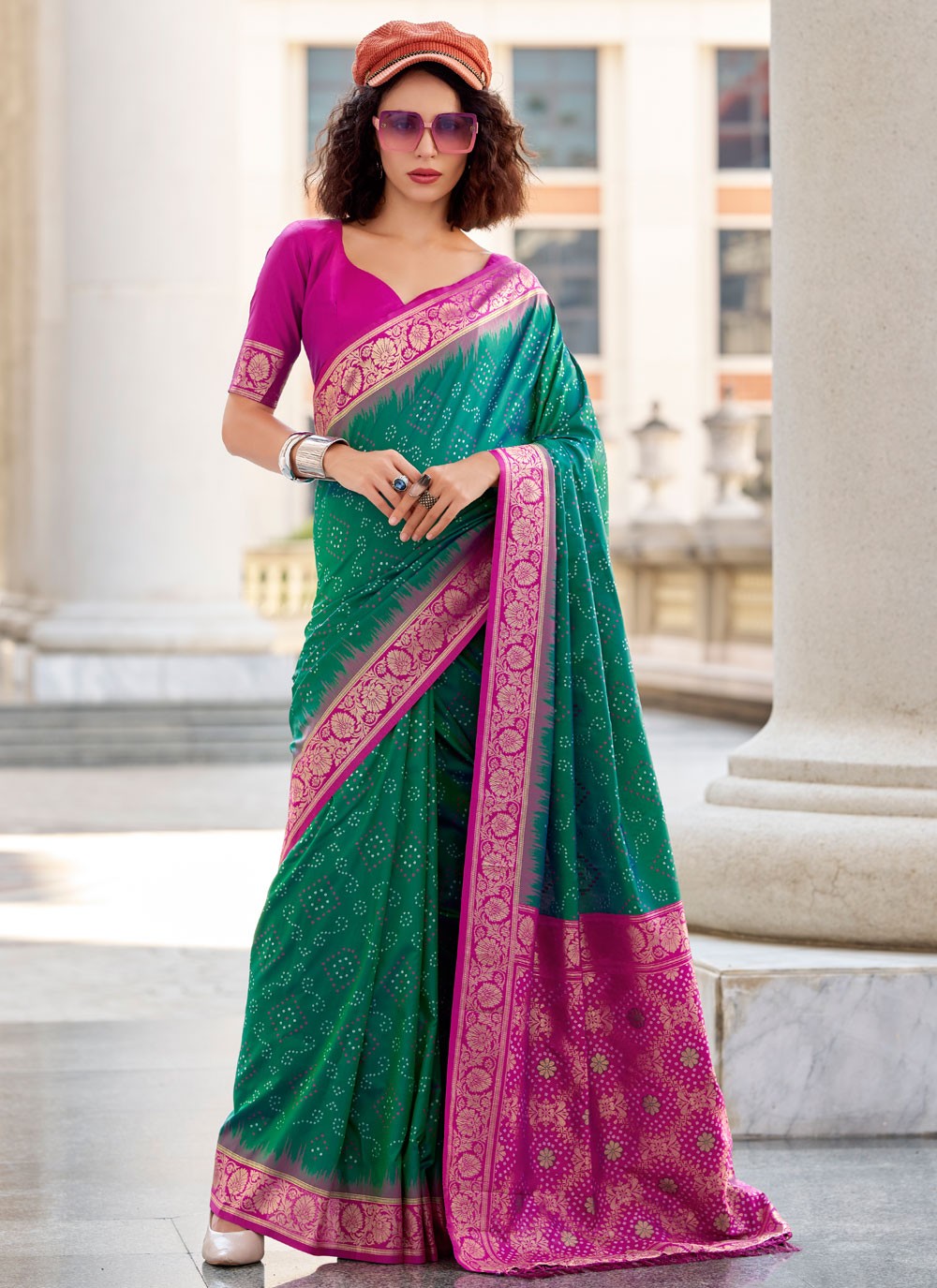 Contemporary Foliage Prints Green Silk Saree S13733