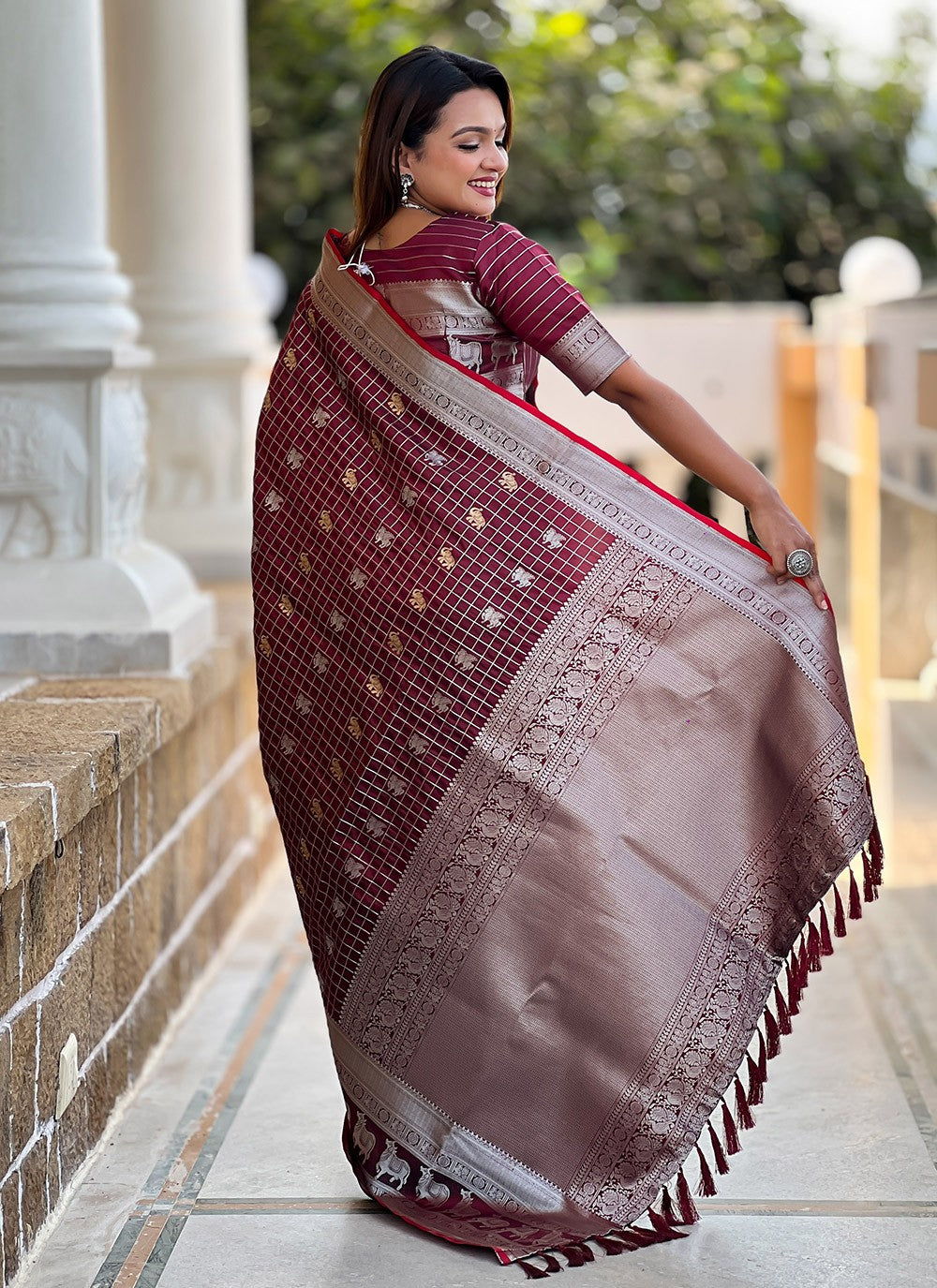 Weaving Zari Silk Maroon Saree S14348